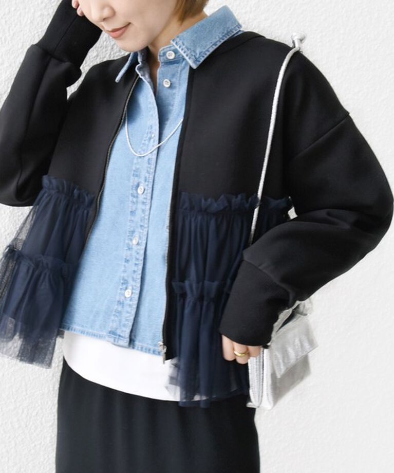 SHIPS for women「【WEB限定】 〈手洗い可能〉ダンボール × チュール ジップ 羽織」|その他|