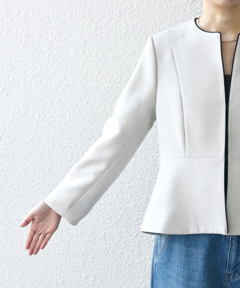 SHIPS any「SHIPS any:〈洗濯機可能〉ダブルクロス  ペプラム ノーカラー ジャケット［NAVY BLUE］」|ノーカラージャケット|