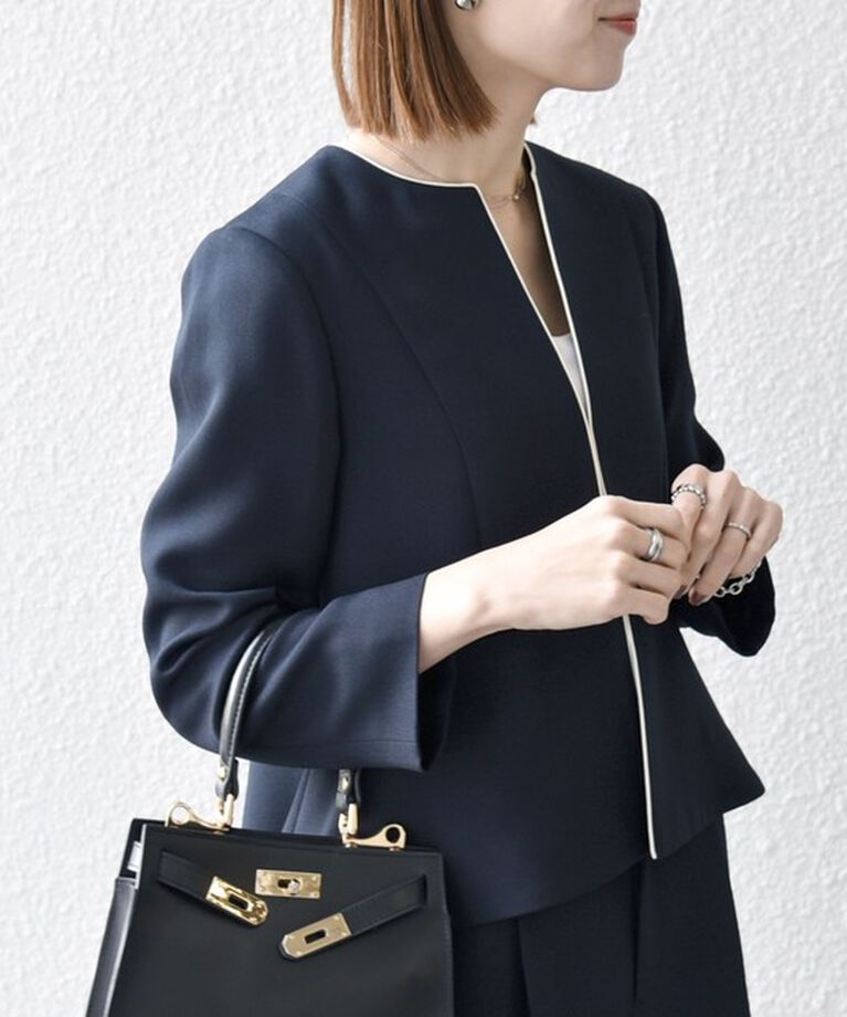 SHIPS any「SHIPS any:〈洗濯機可能〉ダブルクロス  ペプラム ノーカラー ジャケット［NAVY BLUE］」|ノーカラージャケット|ネイビー