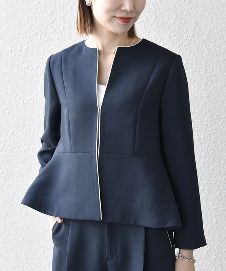 SHIPS any「SHIPS any:〈洗濯機可能〉ダブルクロス  ペプラム ノーカラー ジャケット［NAVY BLUE］」|ノーカラージャケット|