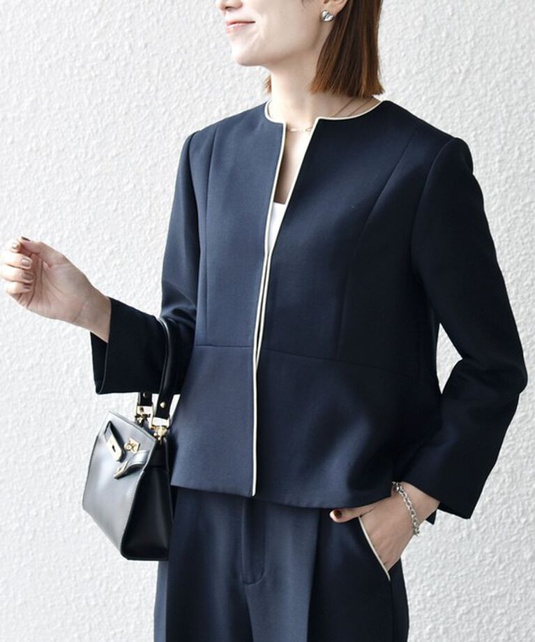 SHIPS any「SHIPS any:〈洗濯機可能〉ダブルクロス  ペプラム ノーカラー ジャケット［NAVY BLUE］」|ノーカラージャケット|
