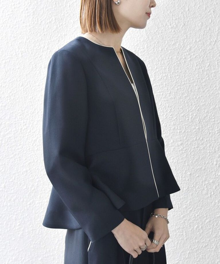 SHIPS any「SHIPS any:〈洗濯機可能〉ダブルクロス  ペプラム ノーカラー ジャケット［NAVY BLUE］」|ノーカラージャケット|