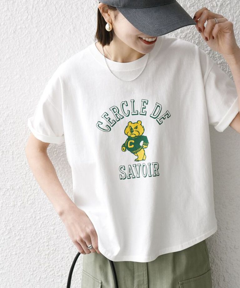 SHIPS any「《追加予約》【SHIPS any別注】KNiTS:〈洗濯機可能〉ラウンドヘム プリント ショート TEE」|Tシャツ・カットソー|ホワイト