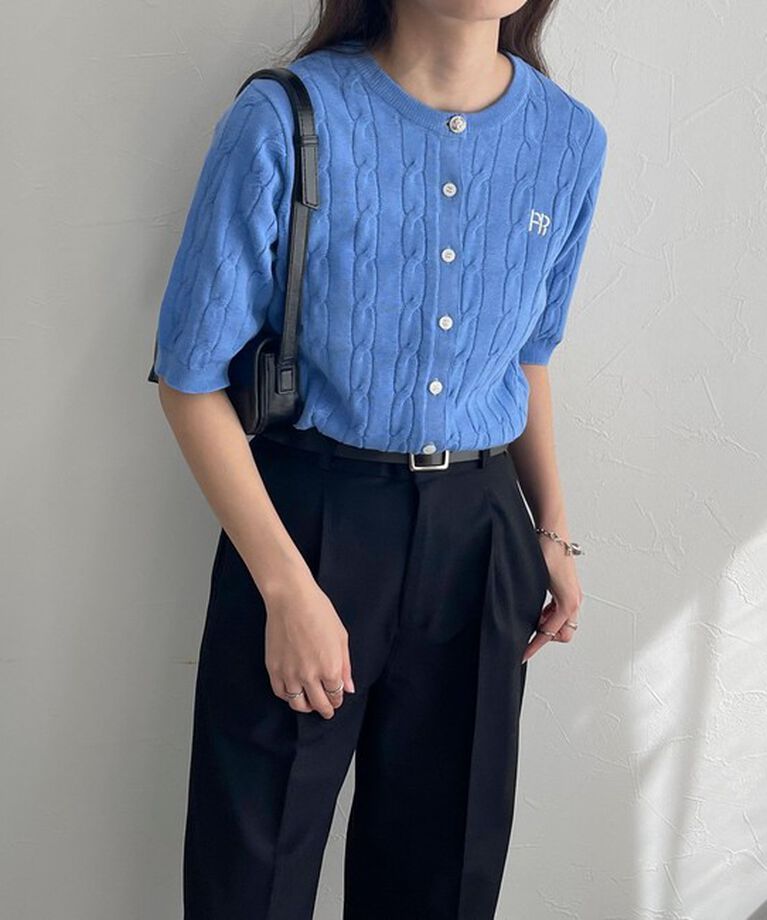 fredy emue「FR刺繍ケーブル柄半袖カーディガン」|カーディガン|ブルー