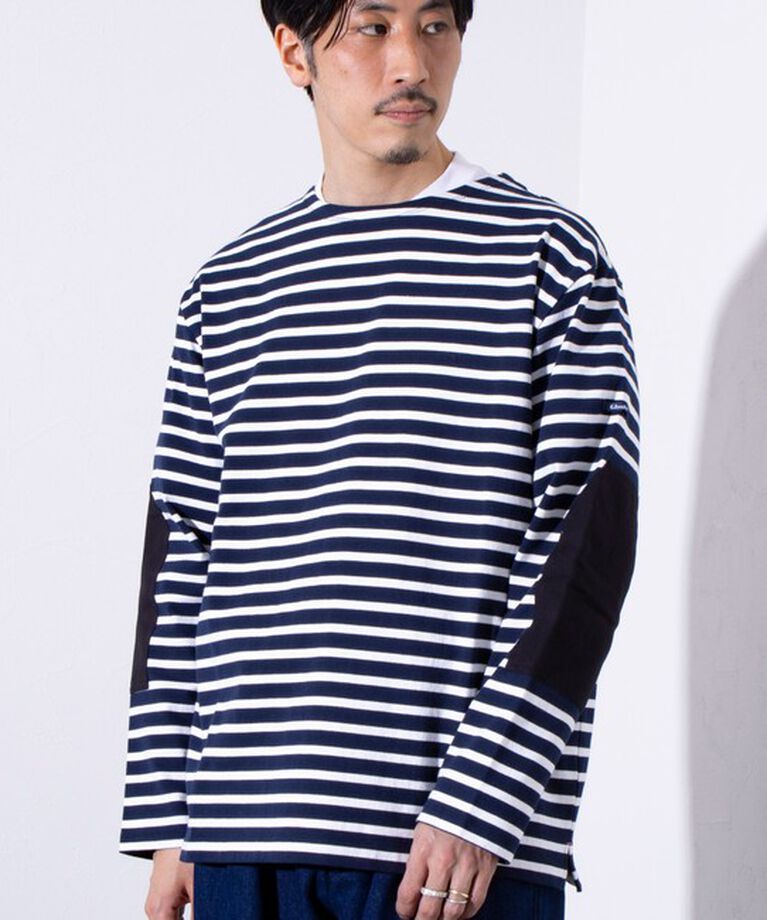 GLOSTER「【GLOSTER/グロスター】バスクボーダー  エルボーパッチ ボーダーロンT」|Tシャツ・カットソー|ネイビー