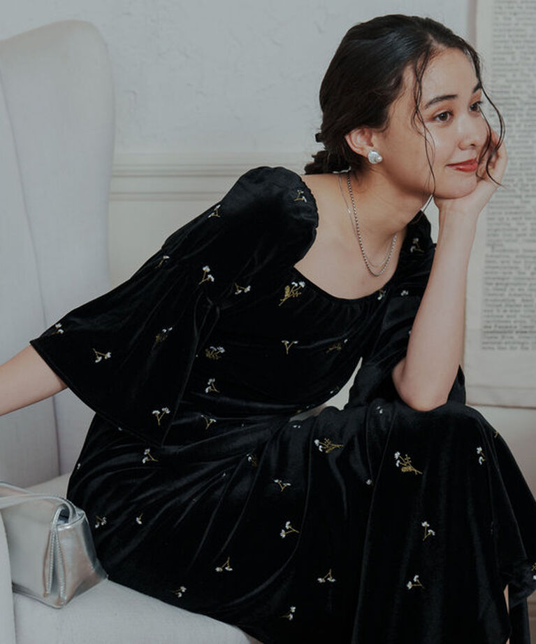  「【オケージョンドレス/結婚式】velour bell sleeve dress」|ドレス|ブラック