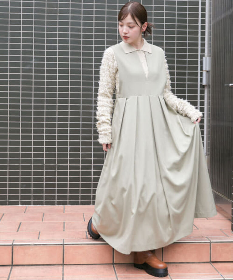  「KBF 『2サイズ展開』キーネックBIGプリーツジャンパースカート」|ワンピース|L.KHAKI