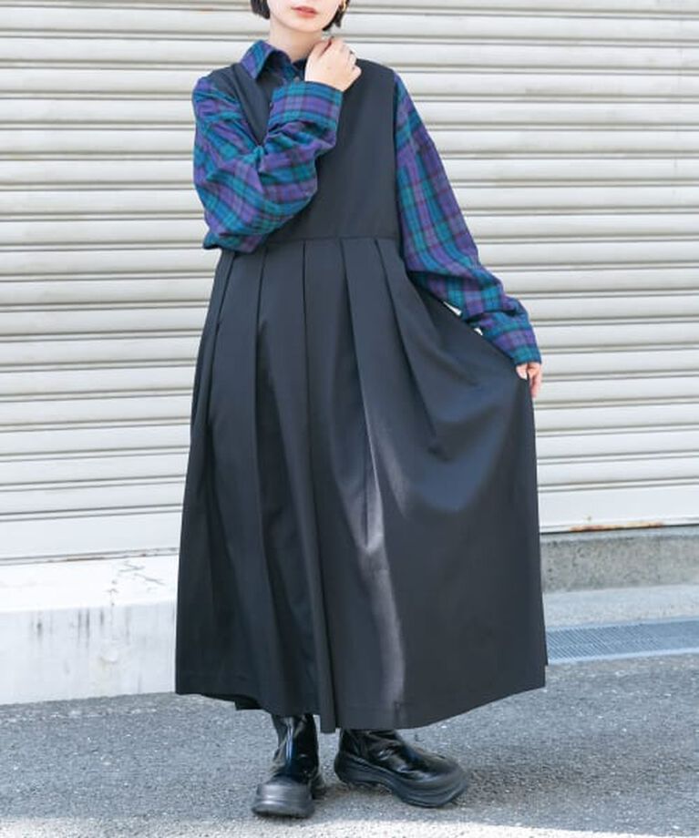  「KBF 『2サイズ展開』キーネックBIGプリーツジャンパースカート」|ワンピース|