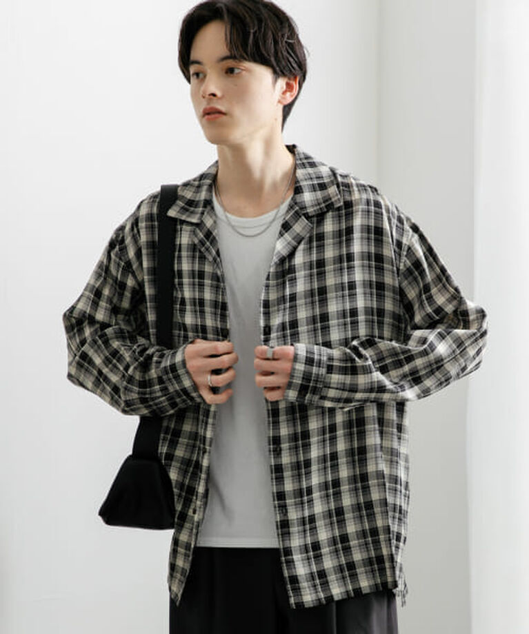 SENSE OF PLACE by URBAN RESEARCH「SENSE OF PLACE 『ユニセックス』シアーチェックオープンカラーロングスリーブシャツ」|シャツ・ブラウス|BLACK