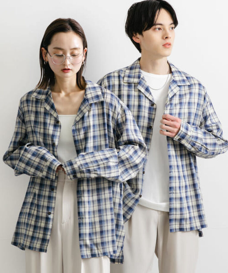 SENSE OF PLACE by URBAN RESEARCH「SENSE OF PLACE 『ユニセックス』シアーチェックオープンカラーロングスリーブシャツ」|シャツ・ブラウス|BLUE