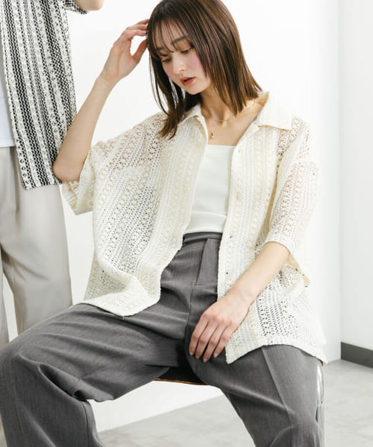 SENSE OF PLACE by URBAN RESEARCH「SENSE OF PLACE 『ユニセックス』アソートレースオープンカラーショートスリーブシャツ」|シャツ・ブラウス|