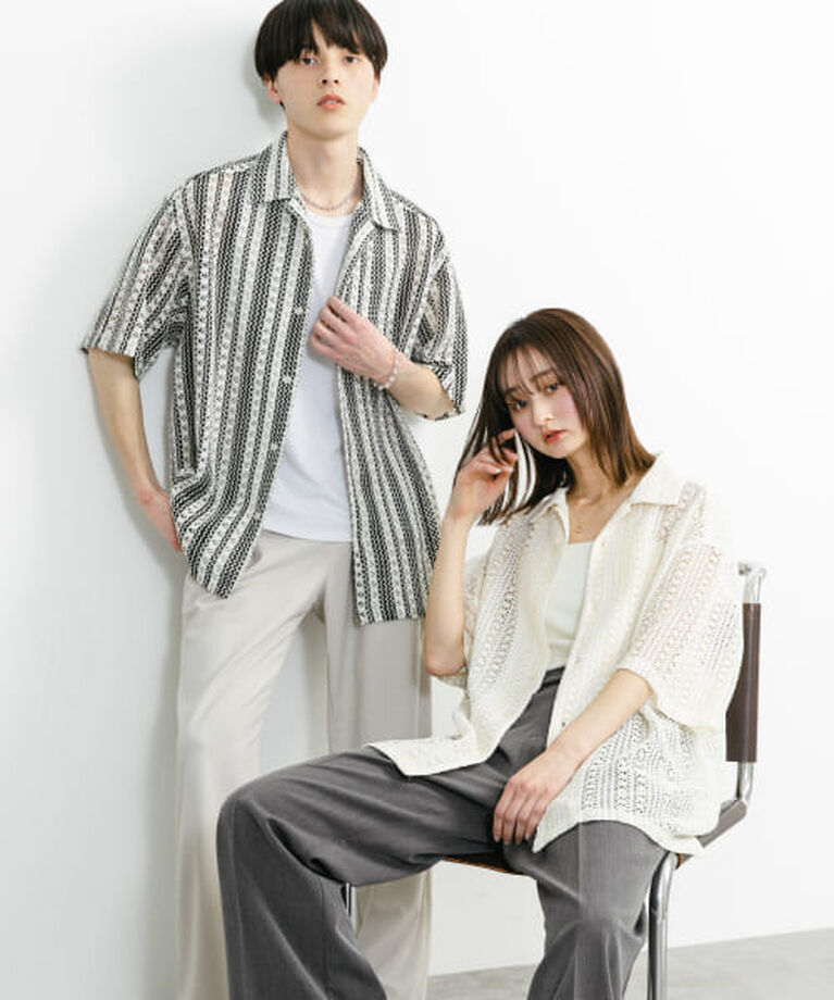 SENSE OF PLACE by URBAN RESEARCH「SENSE OF PLACE 『ユニセックス』アソートレースオープンカラーショートスリーブシャツ」|シャツ・ブラウス|