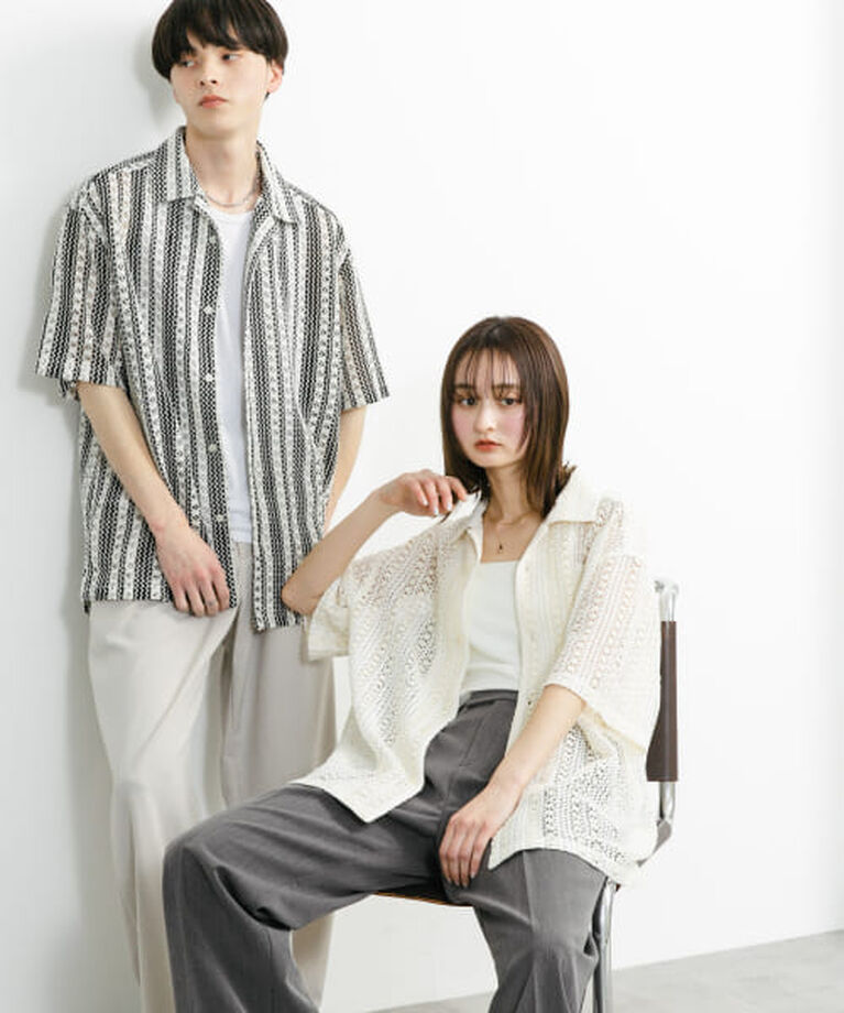 SENSE OF PLACE by URBAN RESEARCH「SENSE OF PLACE 『ユニセックス』アソートレースオープンカラーショートスリーブシャツ」|シャツ・ブラウス|