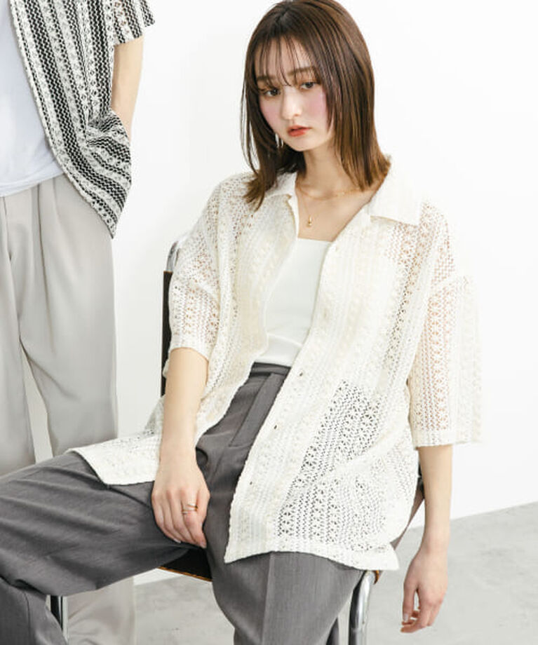 SENSE OF PLACE by URBAN RESEARCH「SENSE OF PLACE 『ユニセックス』アソートレースオープンカラーショートスリーブシャツ」|シャツ・ブラウス|