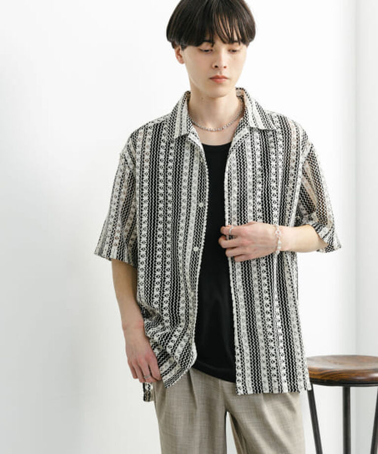 SENSE OF PLACE by URBAN RESEARCH「SENSE OF PLACE 『ユニセックス』アソートレースオープンカラーショートスリーブシャツ」|シャツ・ブラウス|
