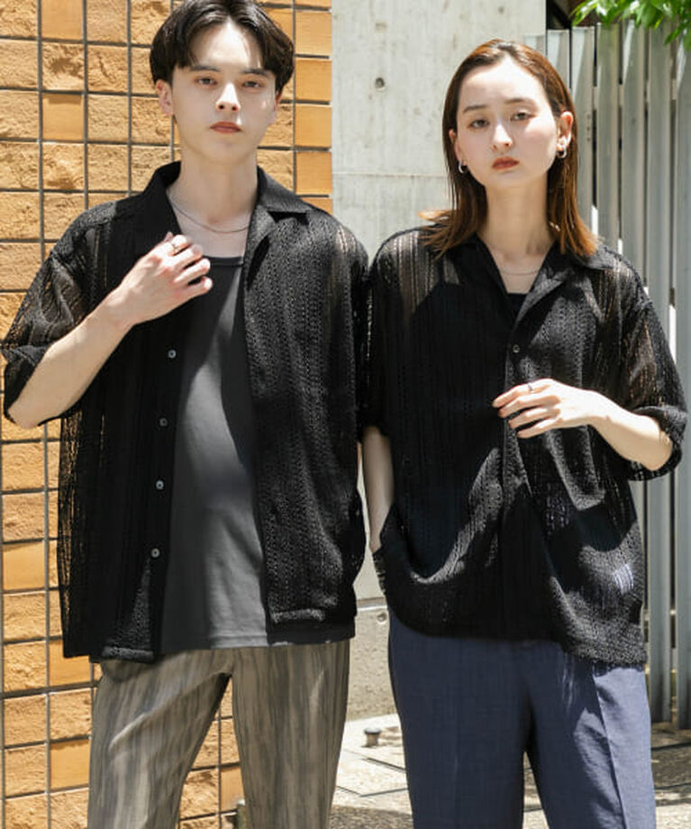 SENSE OF PLACE by URBAN RESEARCH「SENSE OF PLACE 『ユニセックス』アソートレースオープンカラーショートスリーブシャツ」|シャツ・ブラウス|