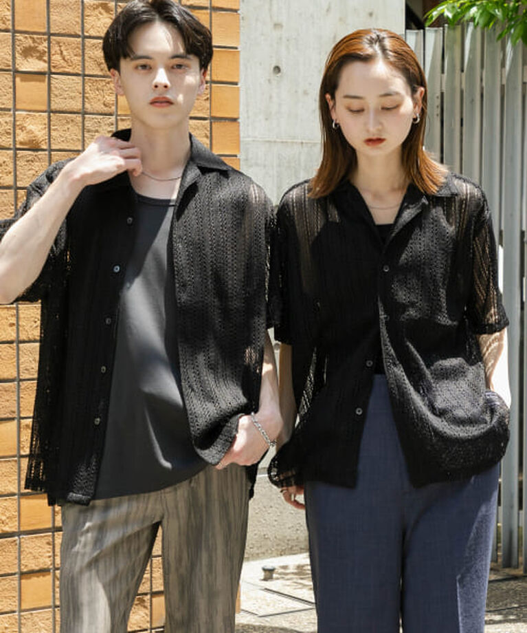 SENSE OF PLACE by URBAN RESEARCH「SENSE OF PLACE 『ユニセックス』アソートレースオープンカラーショートスリーブシャツ」|シャツ・ブラウス|