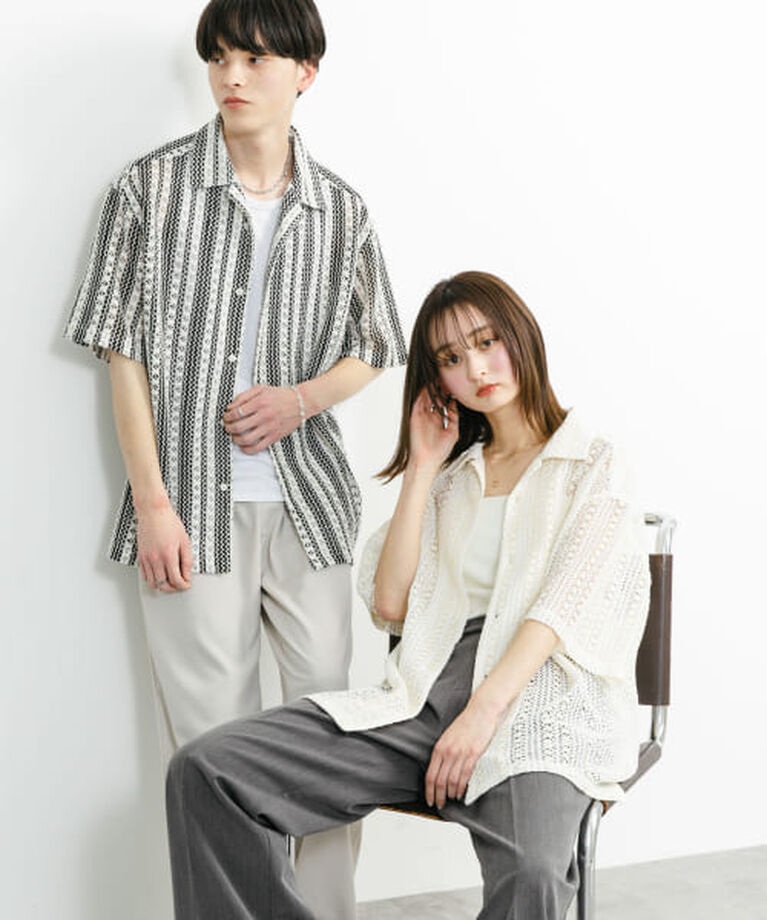 SENSE OF PLACE by URBAN RESEARCH「SENSE OF PLACE 『ユニセックス』アソートレースオープンカラーショートスリーブシャツ」|シャツ・ブラウス|