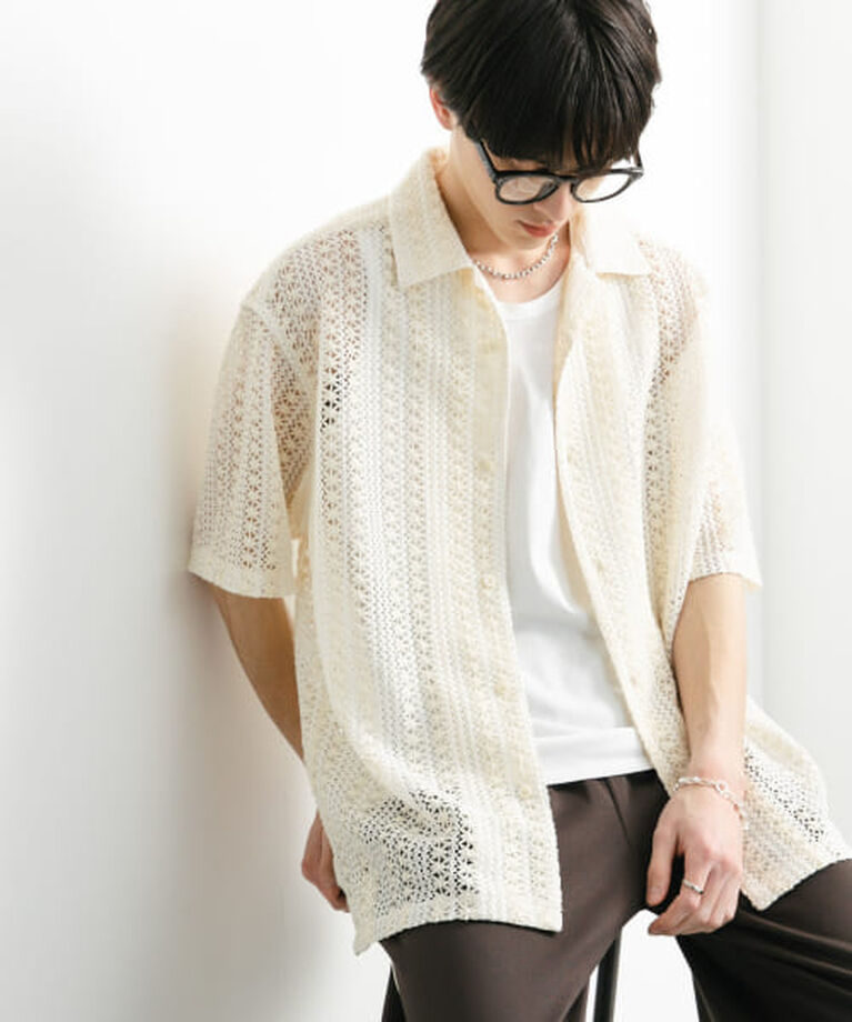 SENSE OF PLACE by URBAN RESEARCH「SENSE OF PLACE 『ユニセックス』アソートレースオープンカラーショートスリーブシャツ」|シャツ・ブラウス|
