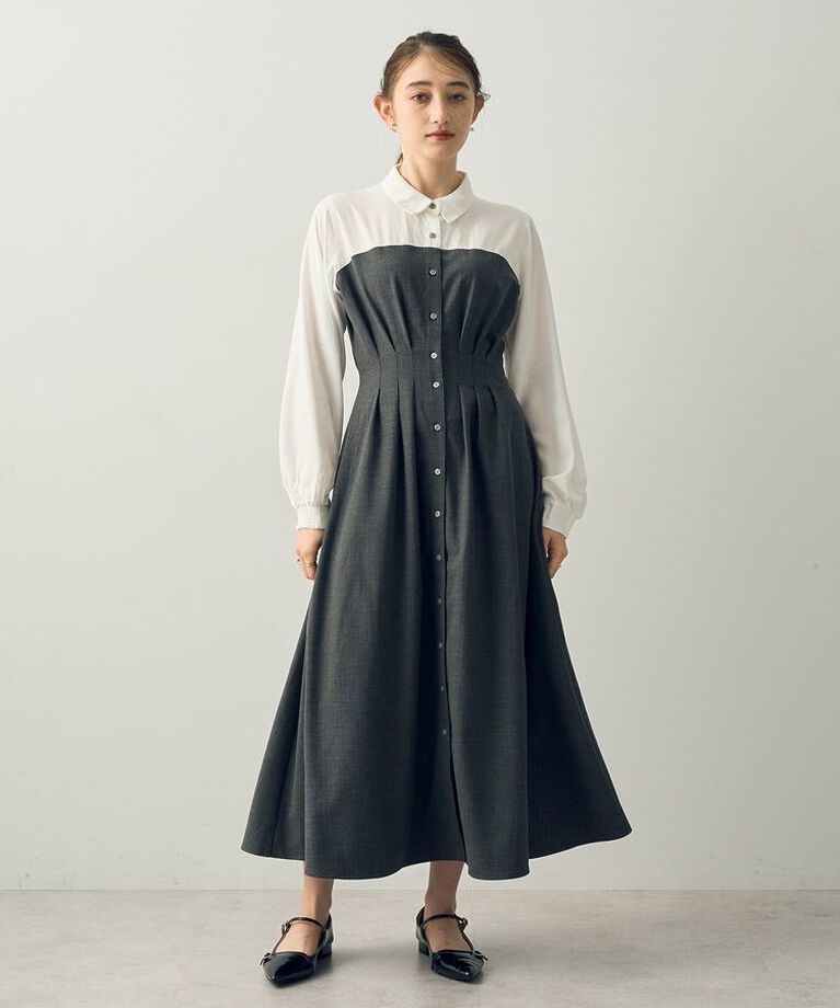 YECCA VECCA「ヘリンボーン柄ドッキングワンピース」|ワンピース|