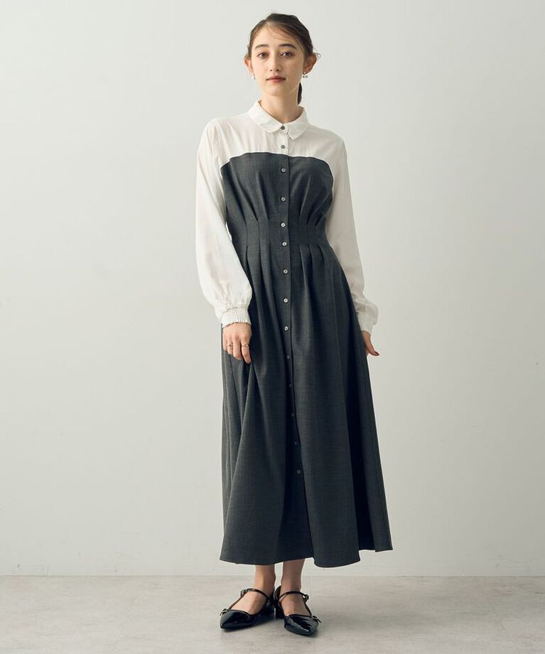 YECCA VECCA「ヘリンボーン柄ドッキングワンピース」|ワンピース|