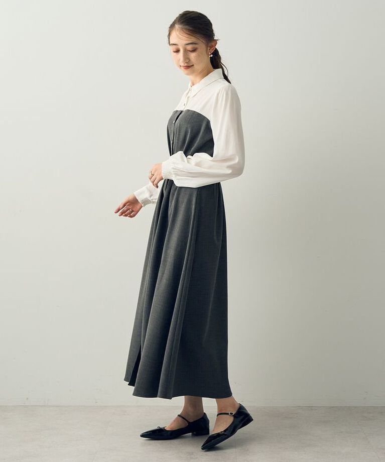 YECCA VECCA「ヘリンボーン柄ドッキングワンピース」|ワンピース|