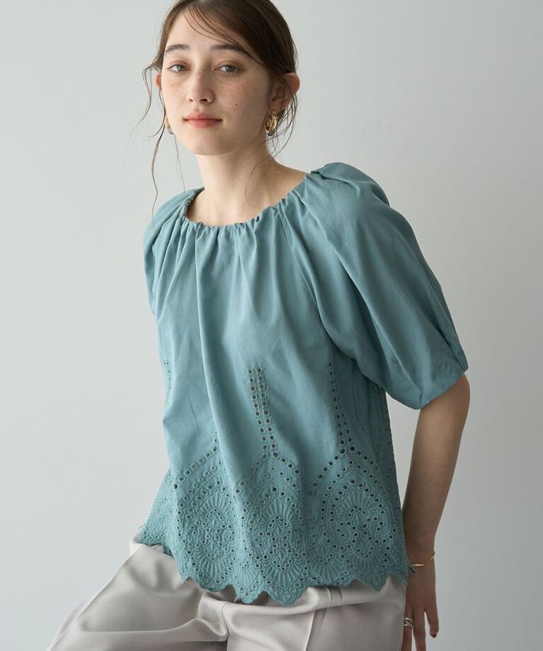 YECCA VECCA「アイレット刺繍タックスリーブブラウス」|シャツ・ブラウス|Green