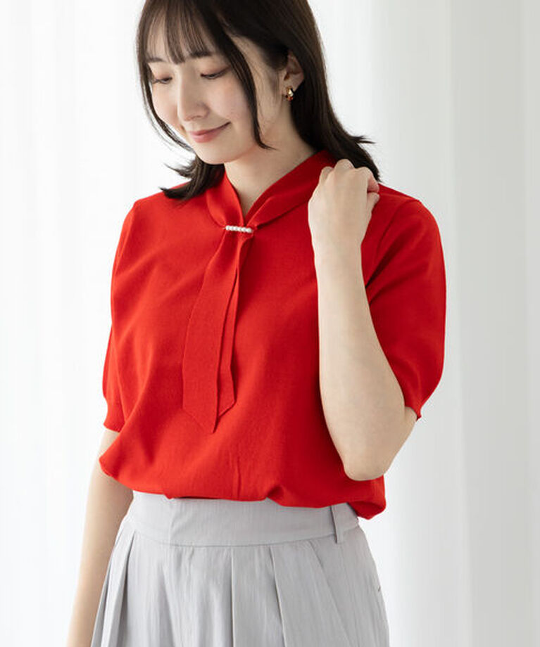 Te chichi TERRASSE「ボウタイ半袖プルオーバーニット」|ニット・セーター|レッド
