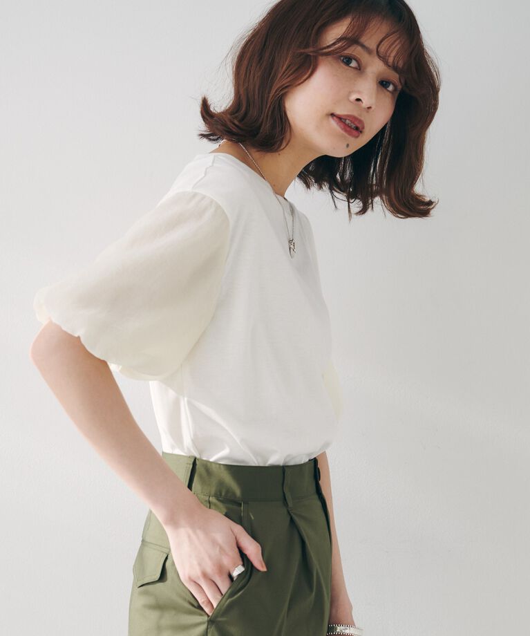 UNTITLED「【二の腕カバー/洗える】袖シアーバルーンプルオーバー」|Tシャツ・カットソー|