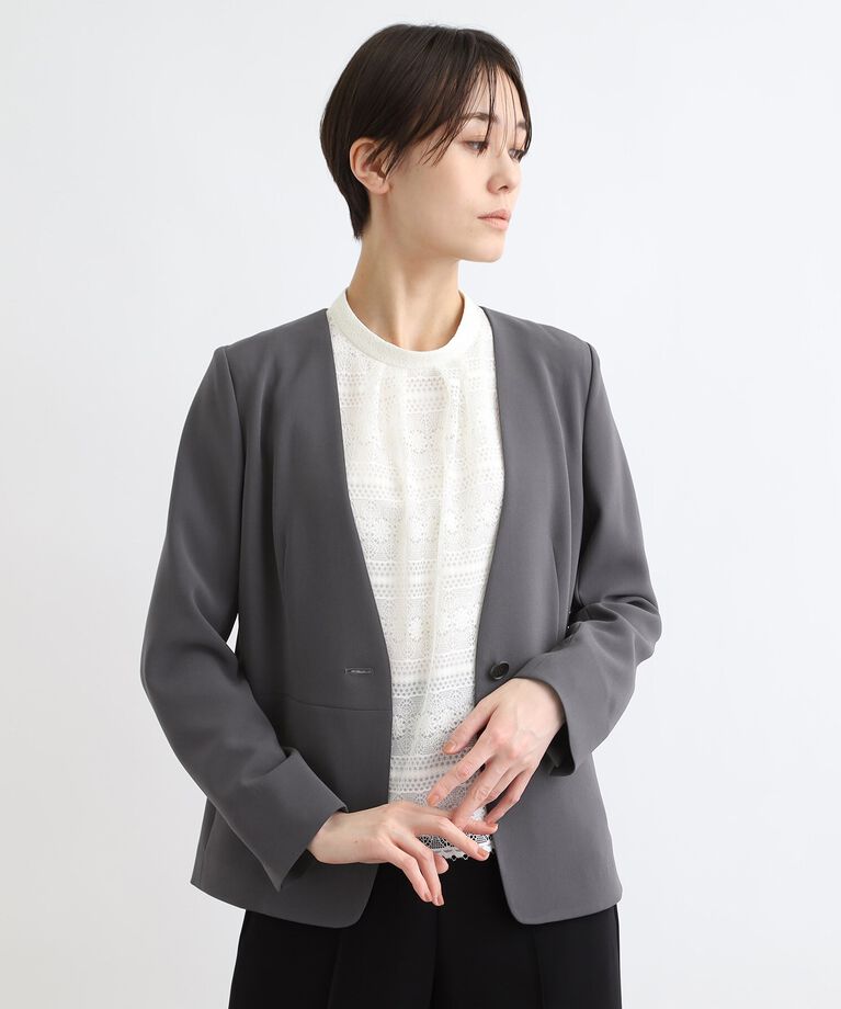 INDIVI「【日本製／洗える】トリアセテート混ノーカラージャケット」|スーツ|チャコールグレー(0