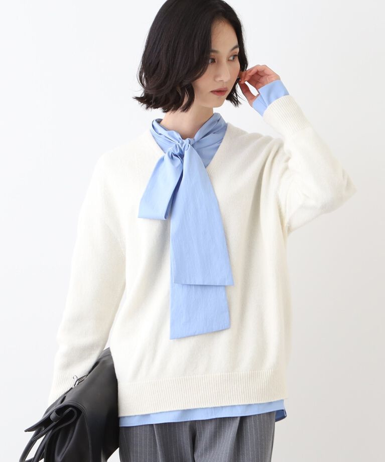 INDIVI「【洗える/カシミヤ混/日本製】Vネックコクーンシルエットニット」|ニット・セーター|ｵﾌﾎﾜｲﾄ(003)