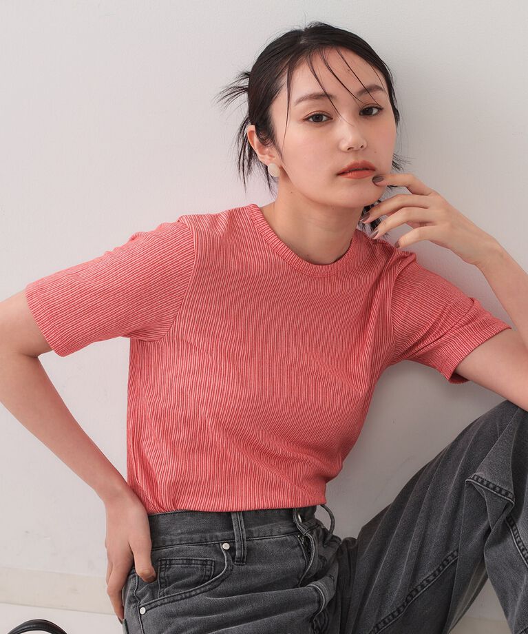OPAQUE.CLIP「ストライプリブカットソー【洗濯機洗い可】」|Tシャツ・カットソー|レッド(162)