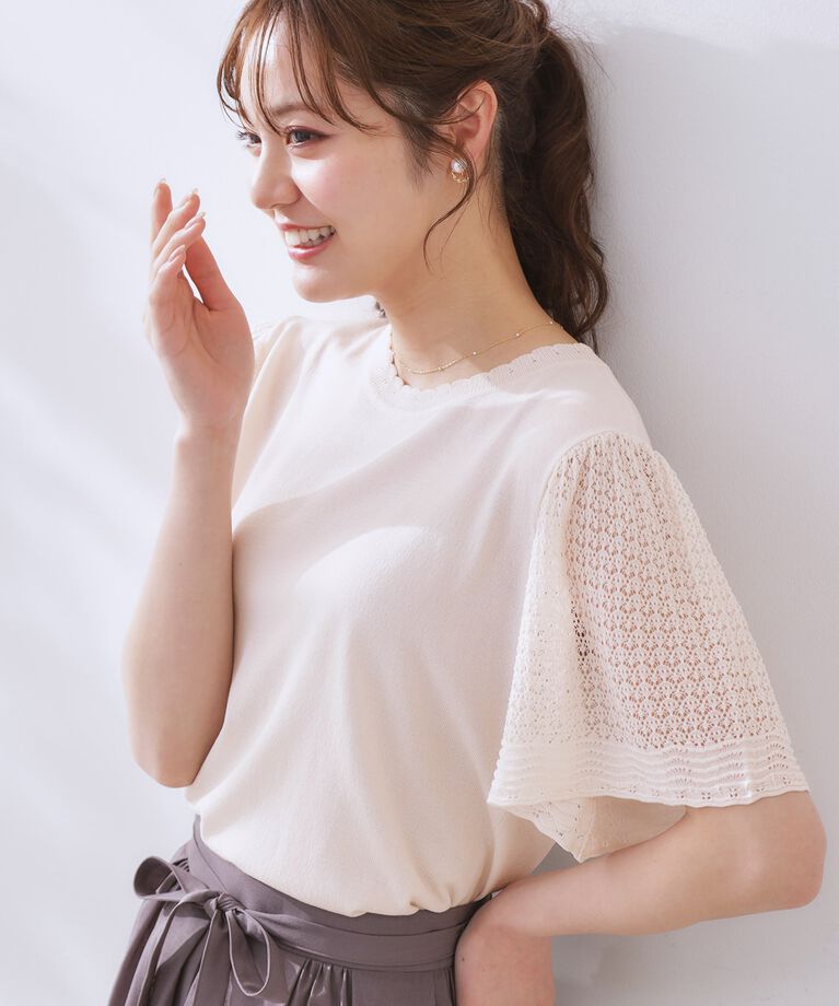 Couture broach「【手洗い可能・UV・アンチピリング・接触冷感・二の腕カバー】透かし袖ニットトップス」|ニット・セーター|