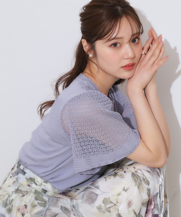 Couture broach「【手洗い可能・UV・アンチピリング・接触冷感・二の腕カバー】透かし袖ニットトップス」|ニット・セーター|ブルー(091)