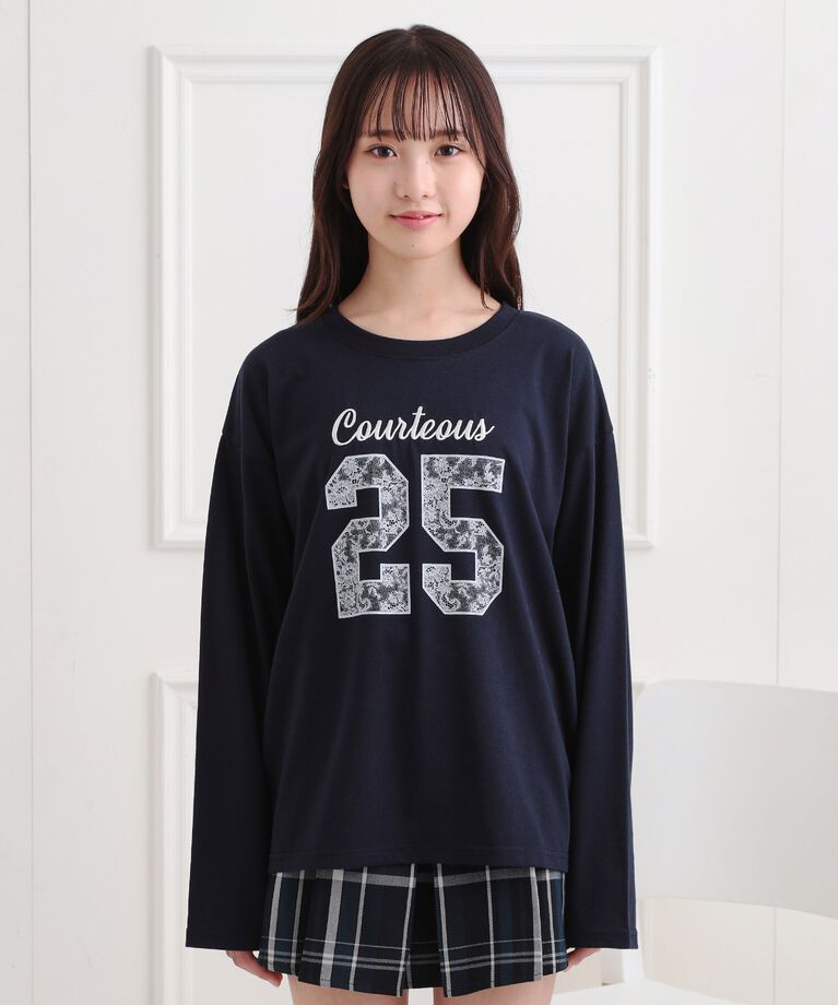 PINK-latte「レースプリントナンバリングロンT」|Tシャツ・カットソー|