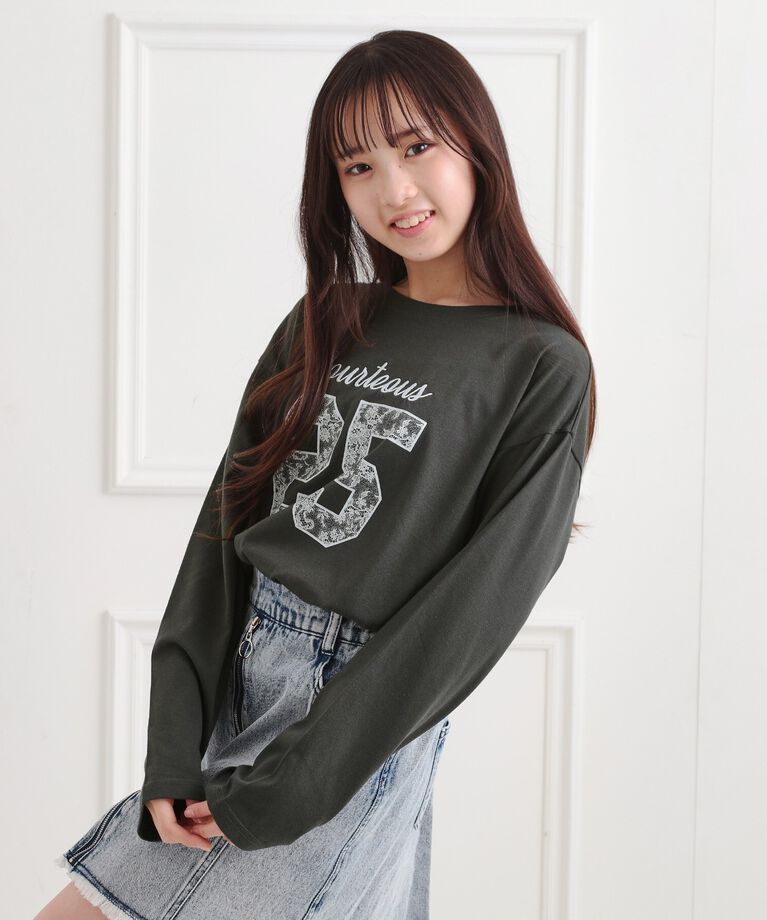 PINK-latte「レースプリントナンバリングロンT」|Tシャツ・カットソー|