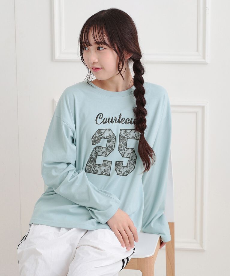 PINK-latte「レースプリントナンバリングロンT」|Tシャツ・カットソー|