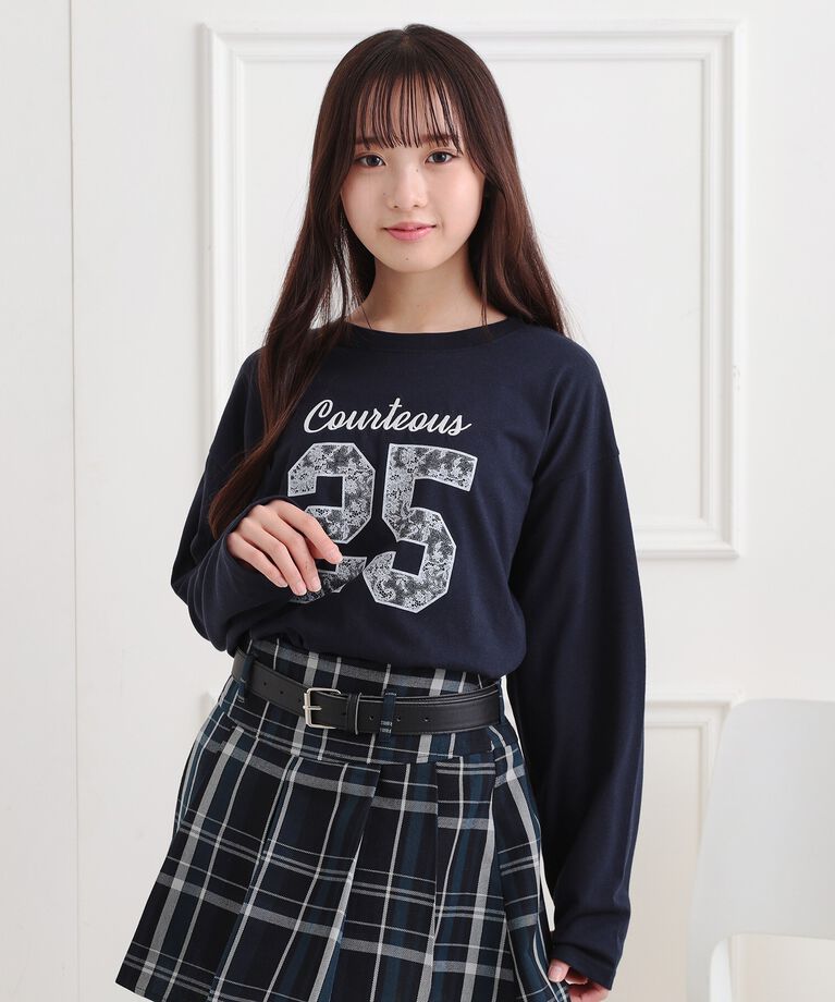 PINK-latte「レースプリントナンバリングロンT」|Tシャツ・カットソー|