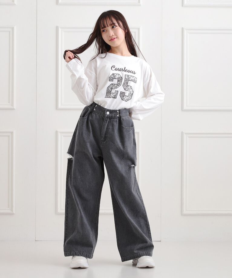 PINK-latte「レースプリントナンバリングロンT」|Tシャツ・カットソー|