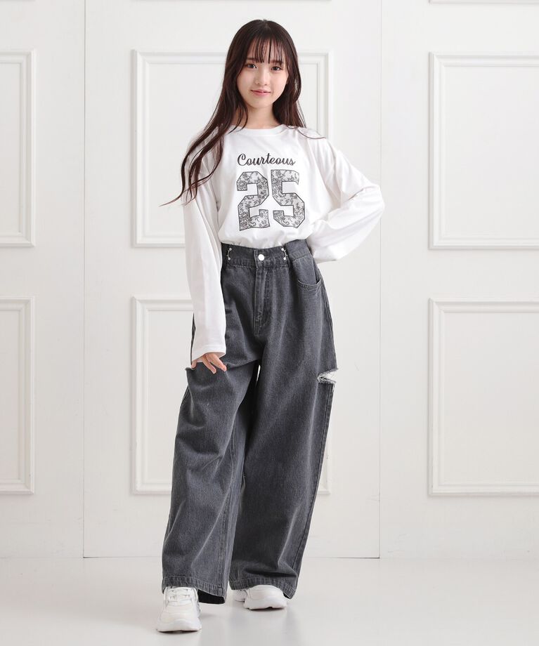 PINK-latte「レースプリントナンバリングロンT」|Tシャツ・カットソー|