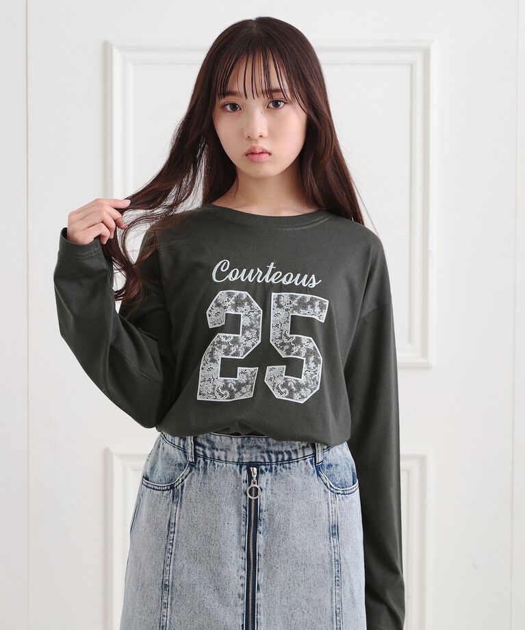 PINK-latte「レースプリントナンバリングロンT」|Tシャツ・カットソー|グレー(012)