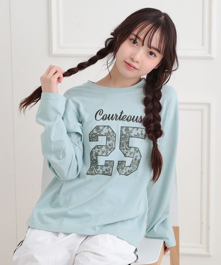 PINK-latte「レースプリントナンバリングロンT」|Tシャツ・カットソー|ブルー(091)