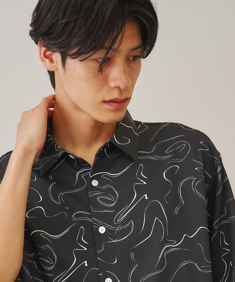 THE SHOP TK「【10色展開】プリントデザインシャツ チェック／ブロッキング／マーブル／ブラシアート」|シャツ・ブラウス|ブラック(619)