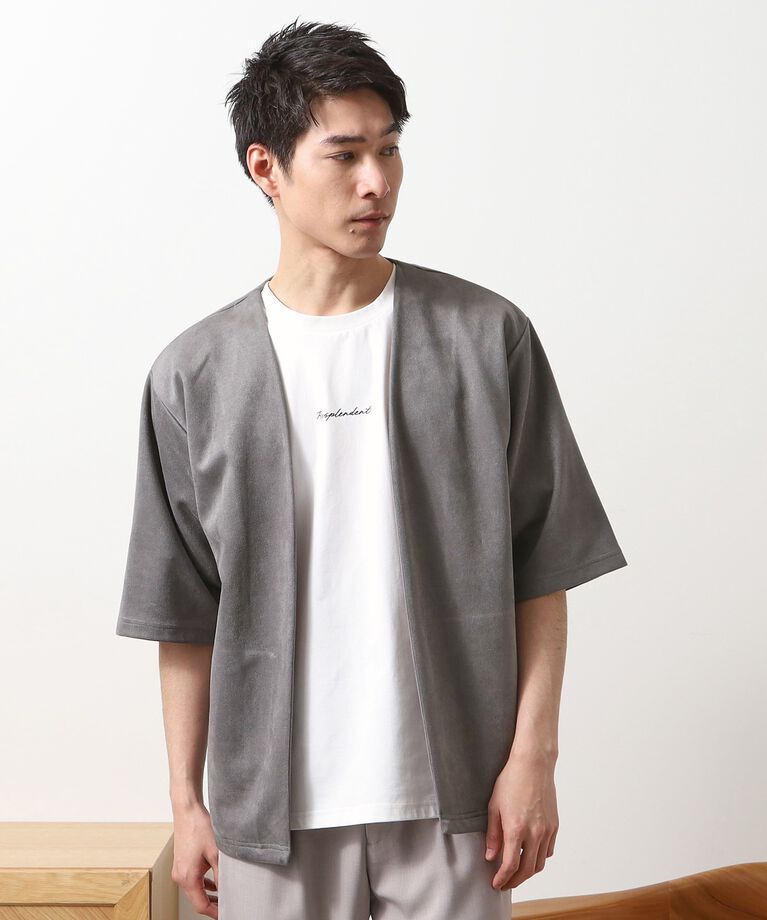 THE SHOP TK「フェイクスウェードアンサンブルカーディガン【五分袖カーディガン＋半袖Tシャツセットアイテム】」|カーディガン|グレー(012)