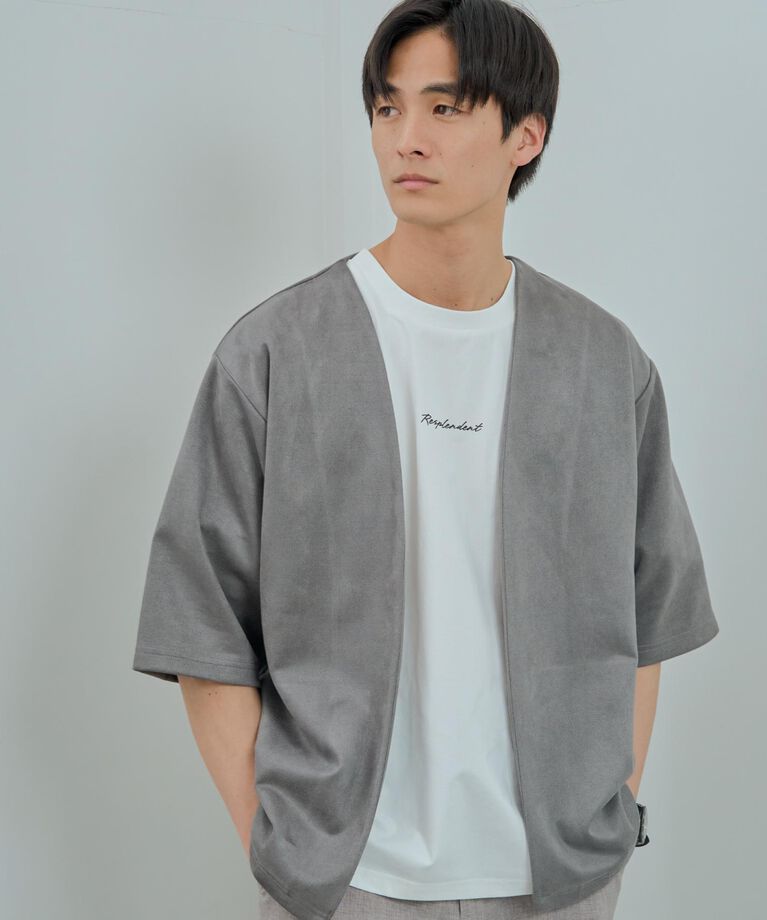 THE SHOP TK「フェイクスウェードアンサンブルカーディガン【五分袖カーディガン＋半袖Tシャツセットアイテム】」|カーディガン|