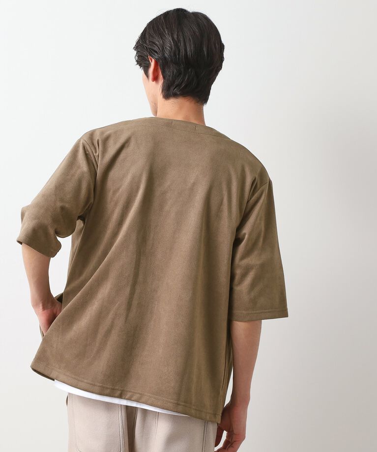 THE SHOP TK「フェイクスウェードアンサンブルカーディガン【五分袖カーディガン＋半袖Tシャツセットアイテム】」|カーディガン|