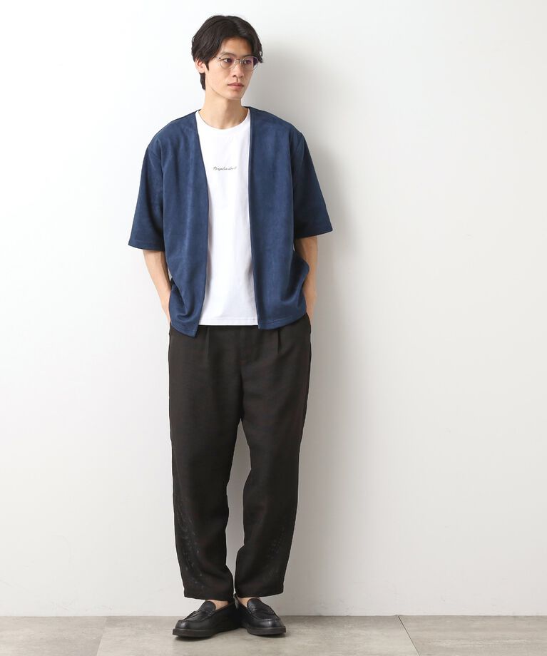 THE SHOP TK「フェイクスウェードアンサンブルカーディガン【五分袖カーディガン＋半袖Tシャツセットアイテム】」|カーディガン|