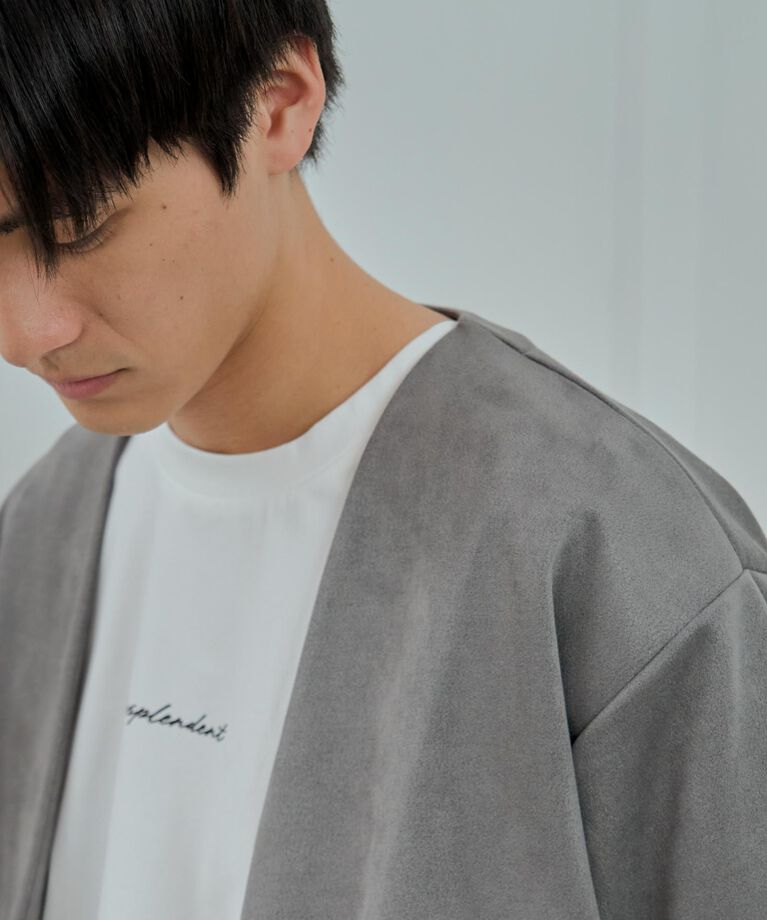 THE SHOP TK「フェイクスウェードアンサンブルカーディガン【五分袖カーディガン＋半袖Tシャツセットアイテム】」|カーディガン|