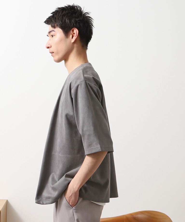 THE SHOP TK「フェイクスウェードアンサンブルカーディガン【五分袖カーディガン＋半袖Tシャツセットアイテム】」|カーディガン|