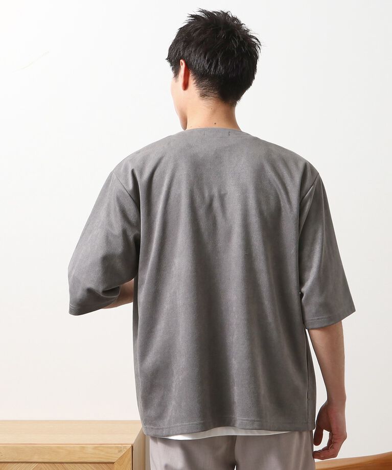 THE SHOP TK「フェイクスウェードアンサンブルカーディガン【五分袖カーディガン＋半袖Tシャツセットアイテム】」|カーディガン|